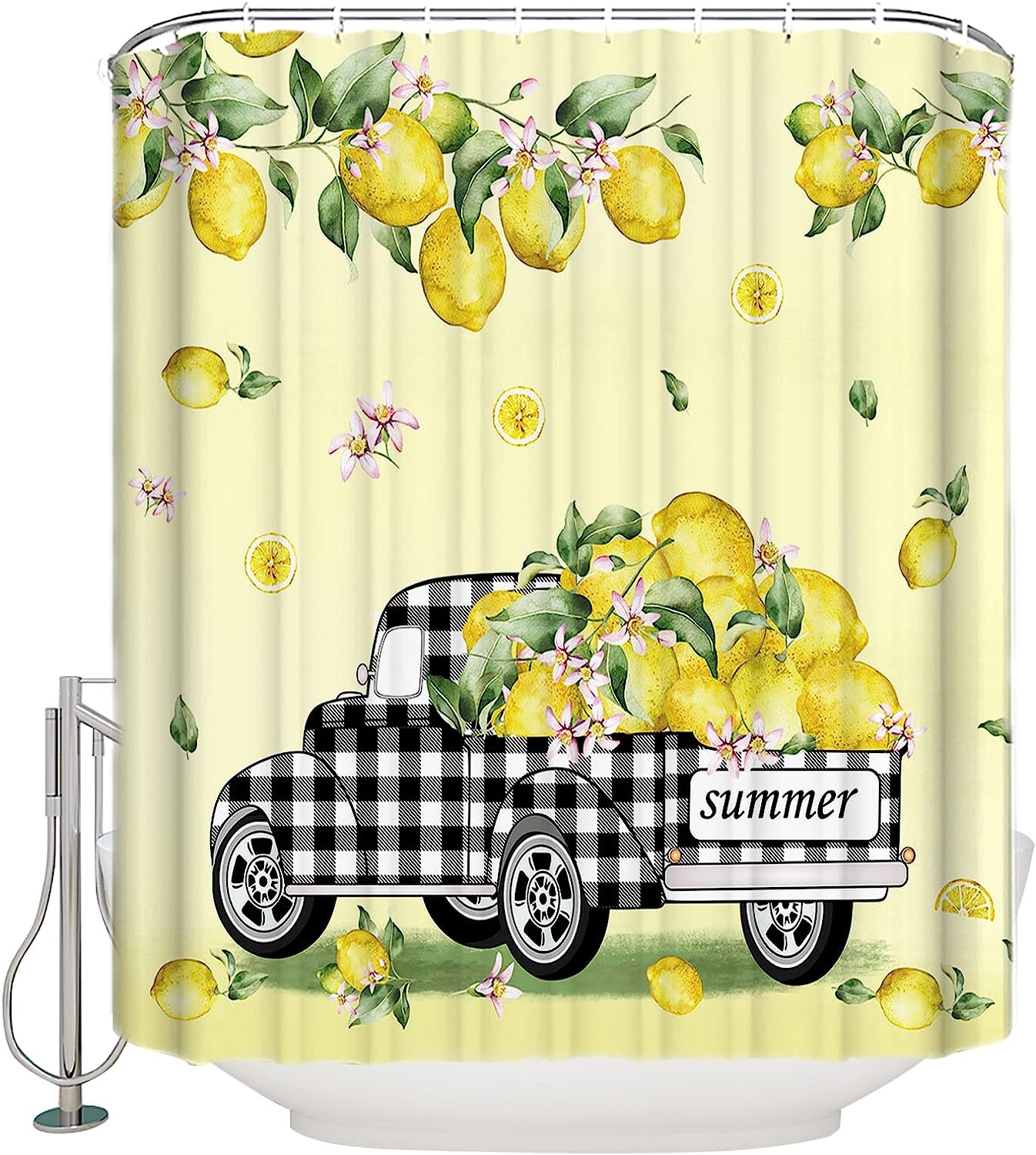Summer Lemon Truck Shower Curtain, Buffalo Check Plaid Bath Decor