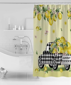 Summer Lemon Truck Shower Curtain, Buffalo Check Plaid Bath Decor