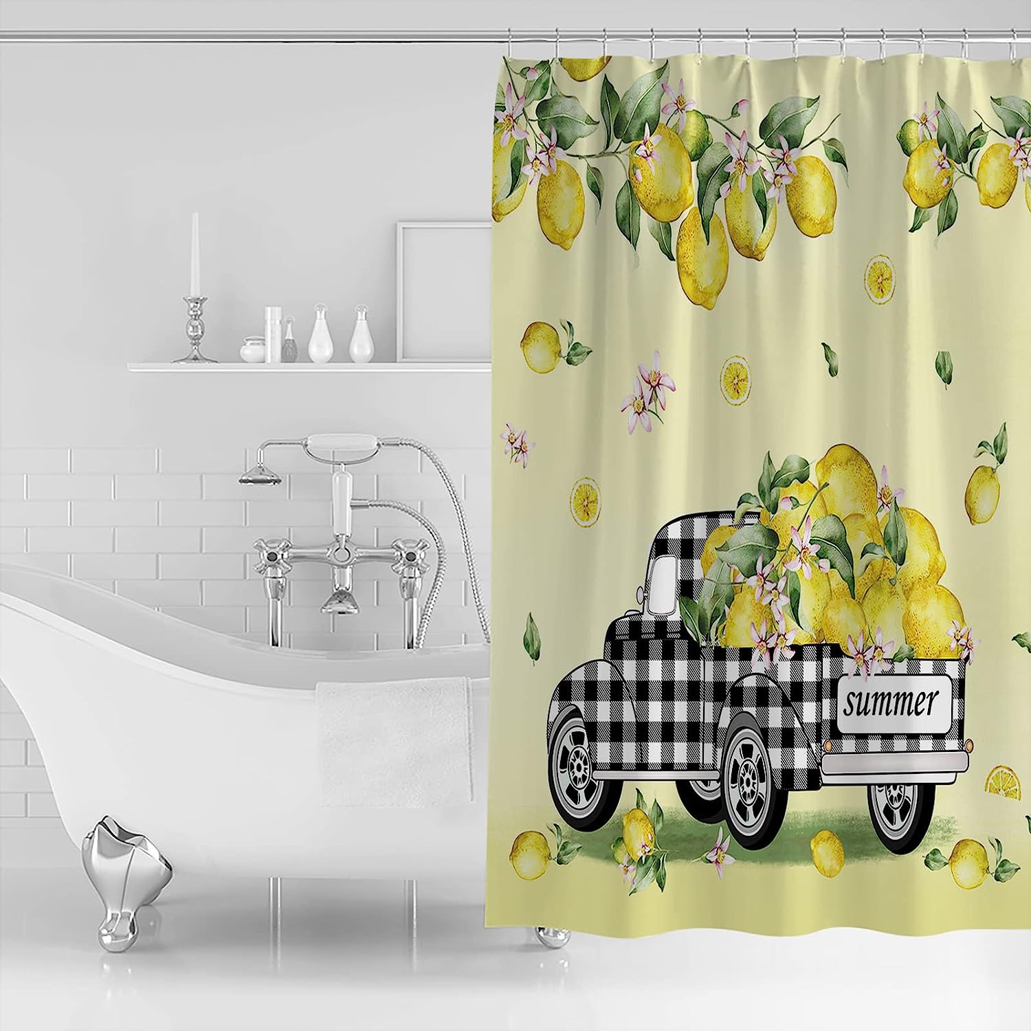 Summer Lemon Truck Shower Curtain, Buffalo Check Plaid Bath Decor