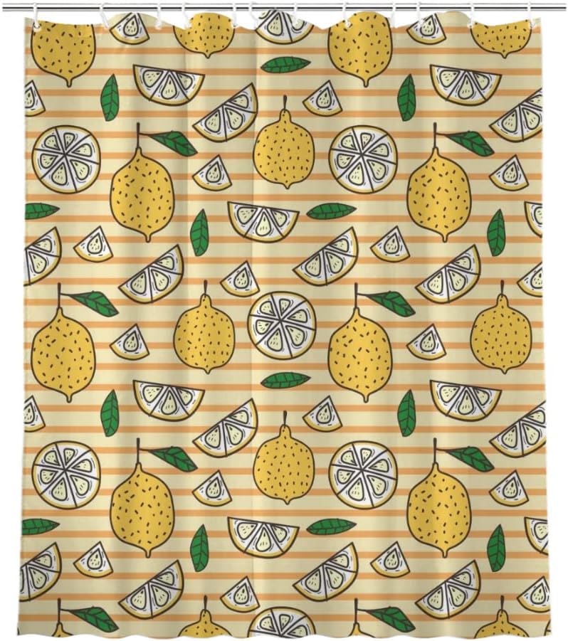 Summer Lemonade Shower Curtain Cute Yellow Fruit Bath Decor Green Leaves Washable Fabric Curtain
