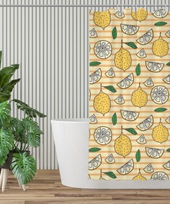 Summer Lemonade Shower Curtain Cute Yellow Fruit Bath Decor Green Leaves Washable Fabric Curtain