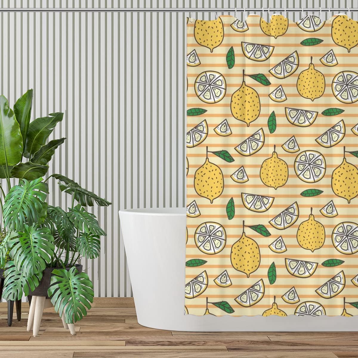 Summer Lemonade Shower Curtain Cute Yellow Fruit Bath Decor Green Leaves Washable Fabric Curtain