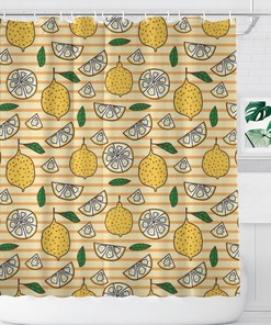 Summer Lemonade Shower Curtain Cute Yellow Fruit Bath Decor Green Leaves Washable Fabric Curtain