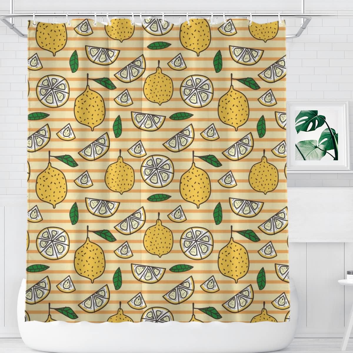 Summer Lemonade Shower Curtain Cute Yellow Fruit Bath Decor Green Leaves Washable Fabric Curtain