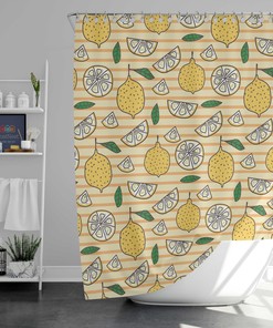 Summer Lemonade Yellow Lemon Shower Curtain with Green Leaves Design for a Fun and Refreshing Bath   