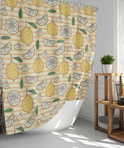 Summer Lemonade Yellow Lemon Shower Curtain with Green Leaves Design for a Fun and Refreshing Bath