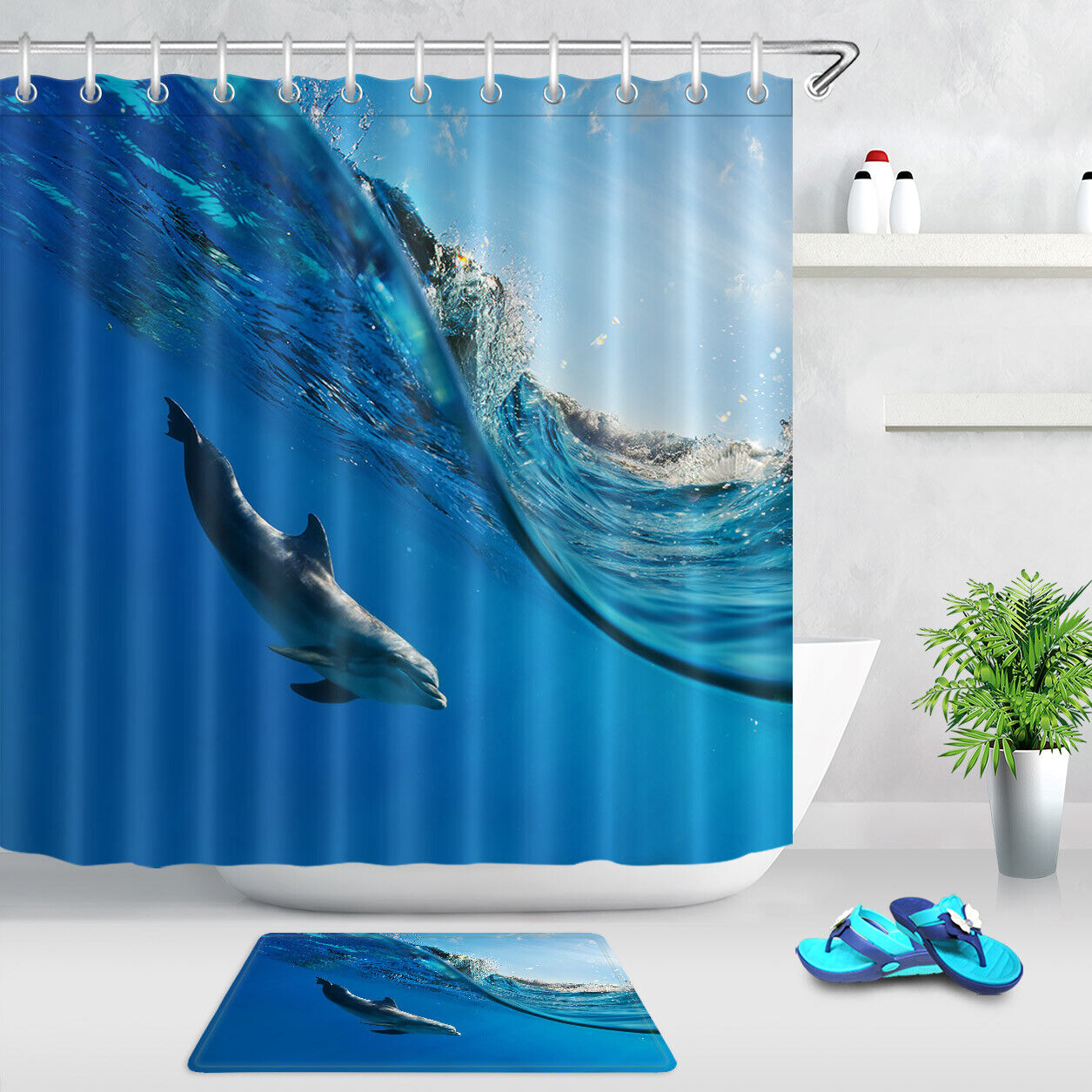 Summer Ocean Sea Wave Dolphin Print Shower Curtain For Bathroom Decor