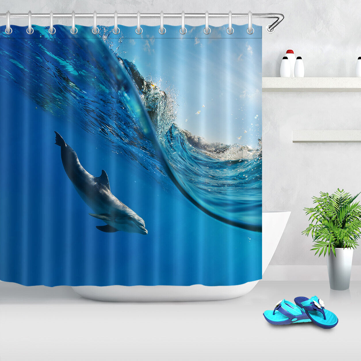 Summer Ocean Sea Wave Dolphin Print Shower Curtain For Bathroom Decor - Image 2