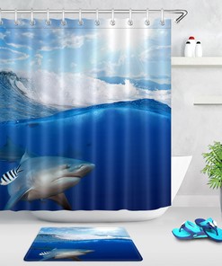 Summer Sea Wave Sunshine Shower Curtain - Waterproof Fabric with Shark Fish and Beach Print