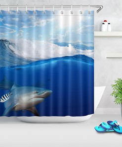 Summer Sea Wave Sunshine Shower Curtain - Waterproof Fabric with Shark Fish and Beach Print