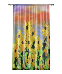 Summer Sheer Sunflower Window Curtains, Living Room Curtain Set, Sunset Floral Design, Size 50 x 110