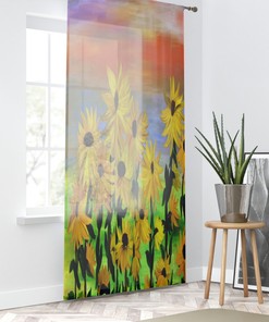 Summer Sheer Sunflower Window Curtains, Living Room Curtain Set, Sunset Floral Design, Size 50 x 110
