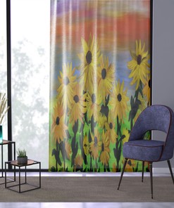 Summer Sheer Sunflower Window Curtains, Living Room Curtain Set, Sunset Floral Design, Size 50 x 110