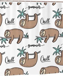 Summer Sloths Shower Curtain Lie On A Branch Hang Upside Down, Green Brown White Fabric Bathroom Waterproof Curtain 