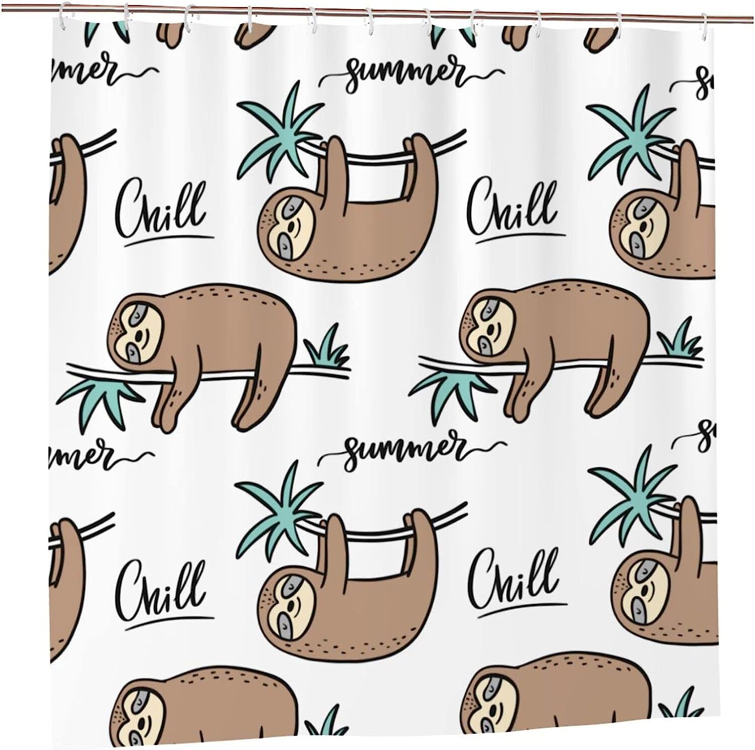 Summer Sloths Shower Curtain Lie On A Branch Hang Upside Down, Green Brown White Fabric Bathroom Waterproof Curtain