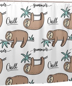 Summer Sloths Shower Curtain Lie On A Branch Hang Upside Down, Green Brown White Fabric Bathroom Waterproof Curtain