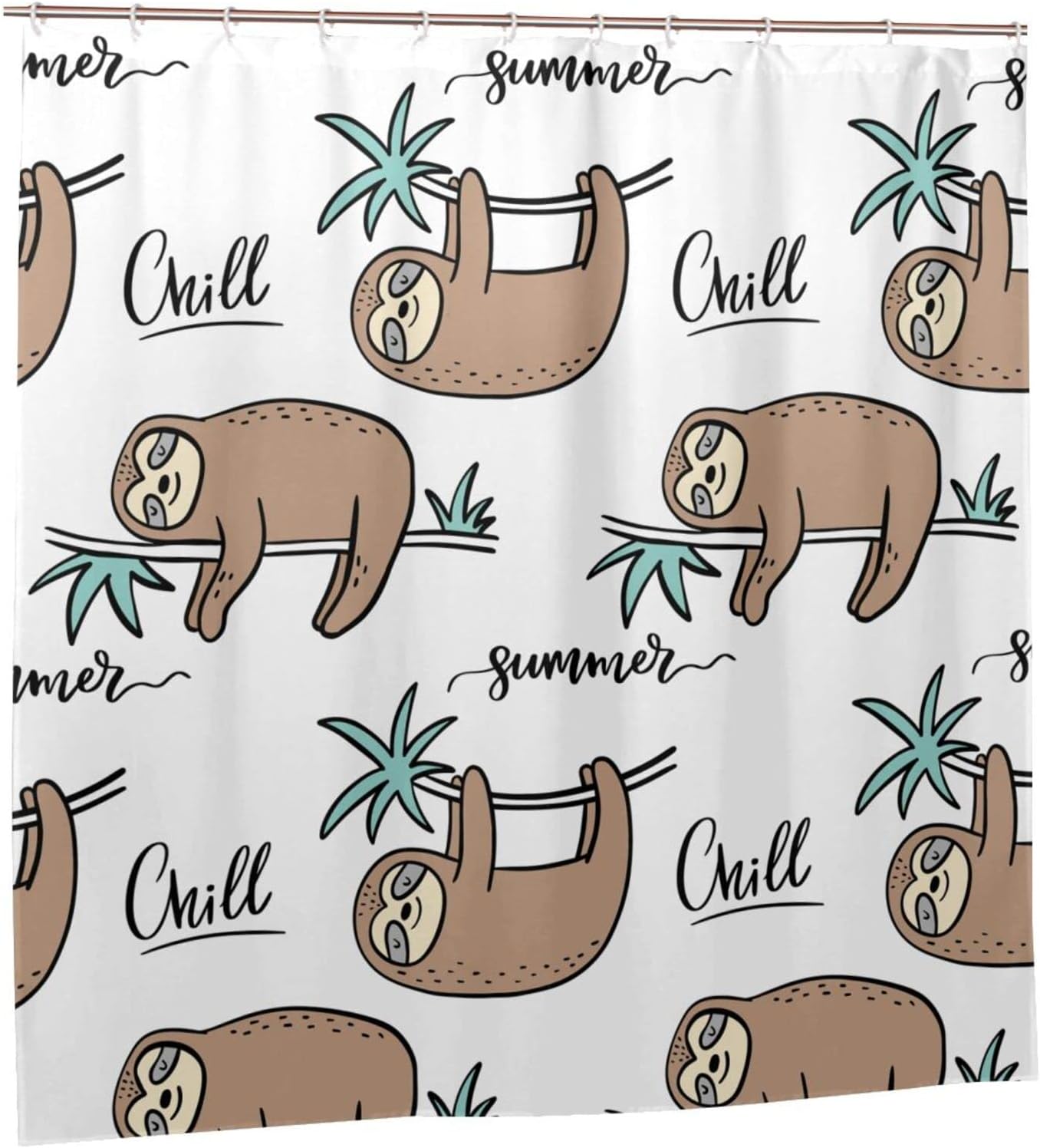 Summer Sloths Shower Curtain Lie On A Branch Hang Upside Down, Green Brown White Fabric Bathroom Waterproof Curtain