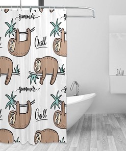Summer Sloths Shower Curtain Lie On A Branch Hang Upside Down, Green Brown White Fabric Bathroom Waterproof Curtain