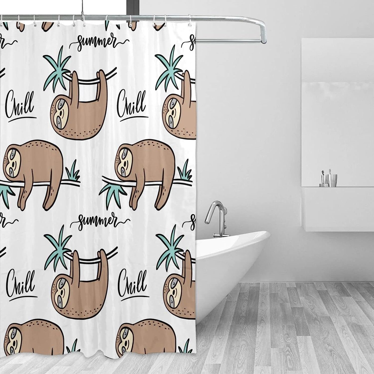 Summer Sloths Shower Curtain Lie On A Branch Hang Upside Down, Green Brown White Fabric Bathroom Waterproof Curtain