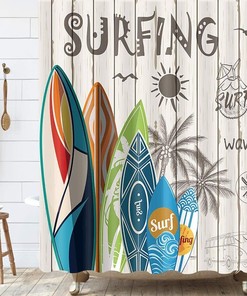 Summer Surfing Beach Shower Curtain With Palm Tree Print For Surf-Loving Bathrooms