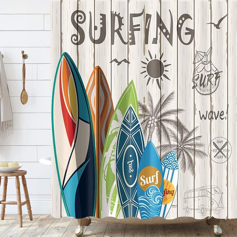 Summer Surfing Beach Shower Curtain With Palm Tree Print For Surf-Loving Bathrooms