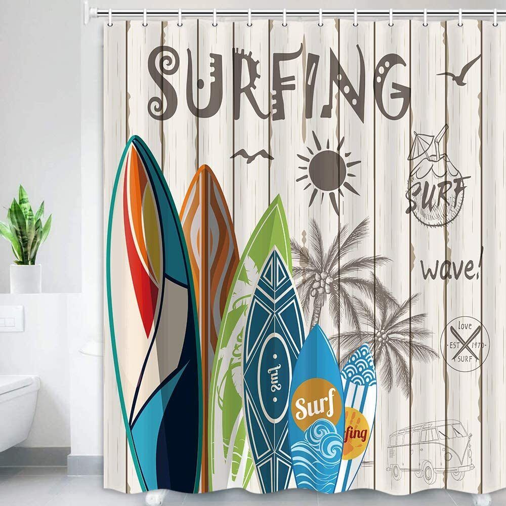 Summer Surfing Beach Shower Curtain With Palm Tree Print For Surf-Loving Bathrooms - Image 2