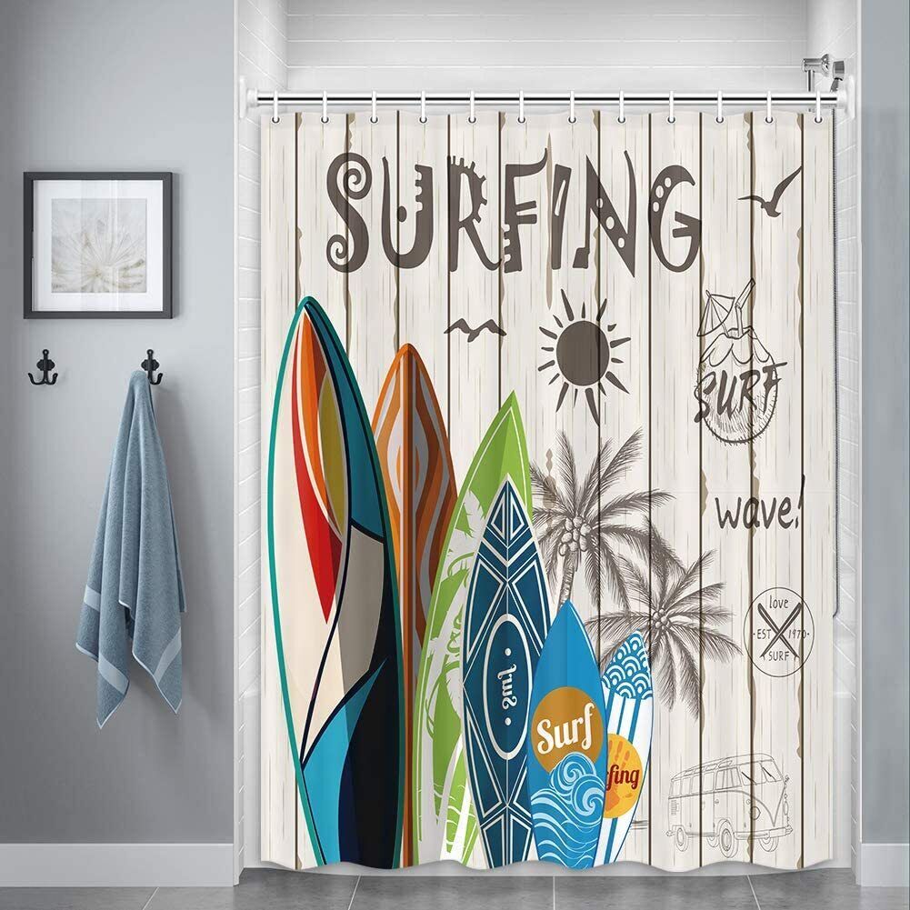 Summer Surfing Beach Shower Curtain With Palm Tree Print For Surf-Loving Bathrooms - Image 3