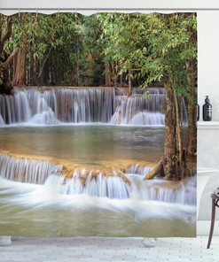 Summer Travel Shower Curtain with Rainforest, Waterfalls, and Kanchanaburi Thailand design for a Jump Start to Adventure