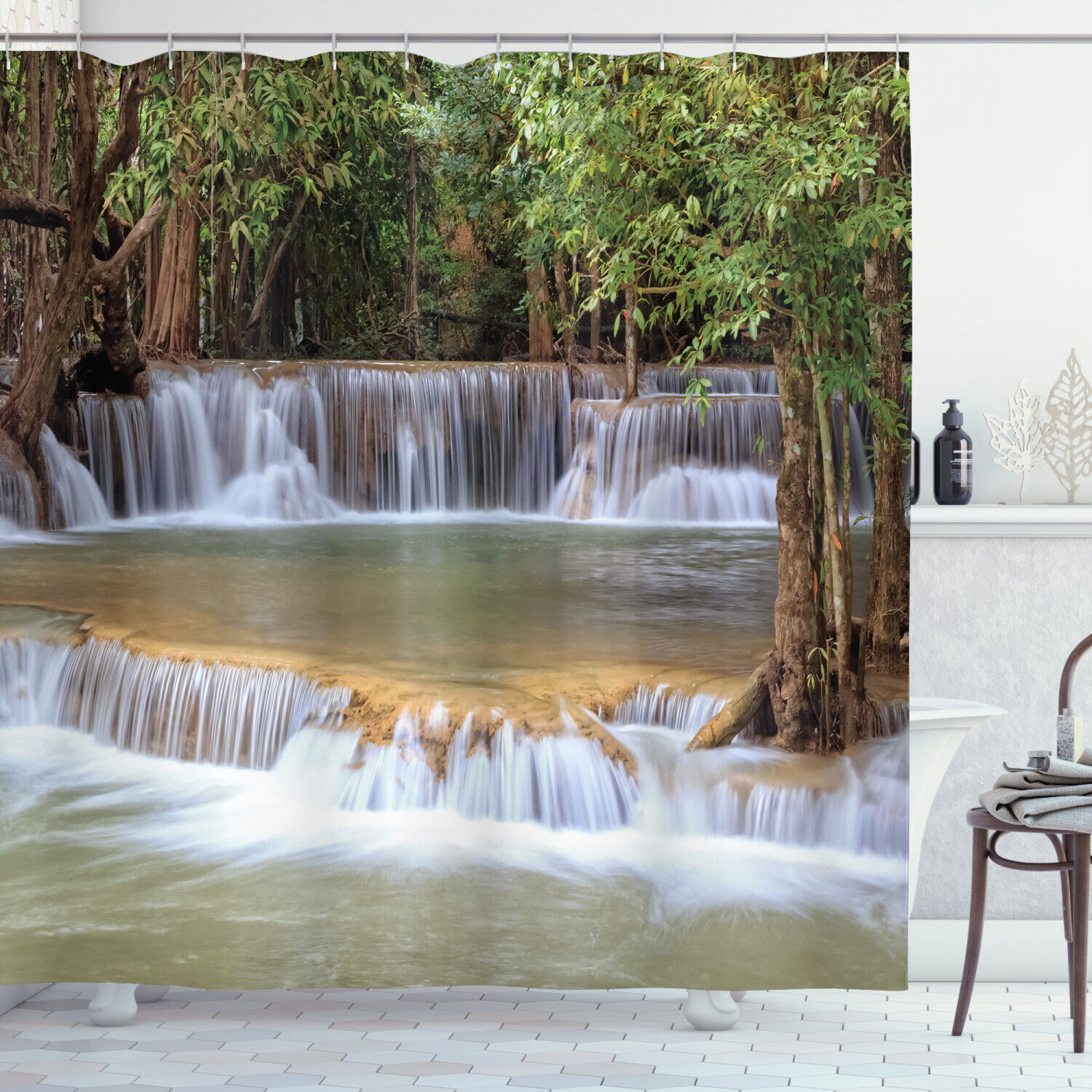 Summer Travel Shower Curtain with Rainforest, Waterfalls, and Kanchanaburi Thailand design for a Jump Start to Adventure