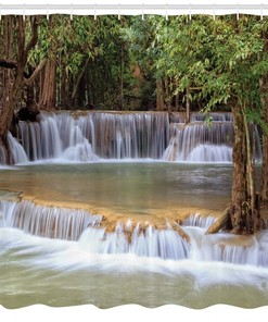 Summer Travel Shower Curtain with Rainforest, Waterfalls, and Kanchanaburi Thailand design for a Jump Start to Adventure