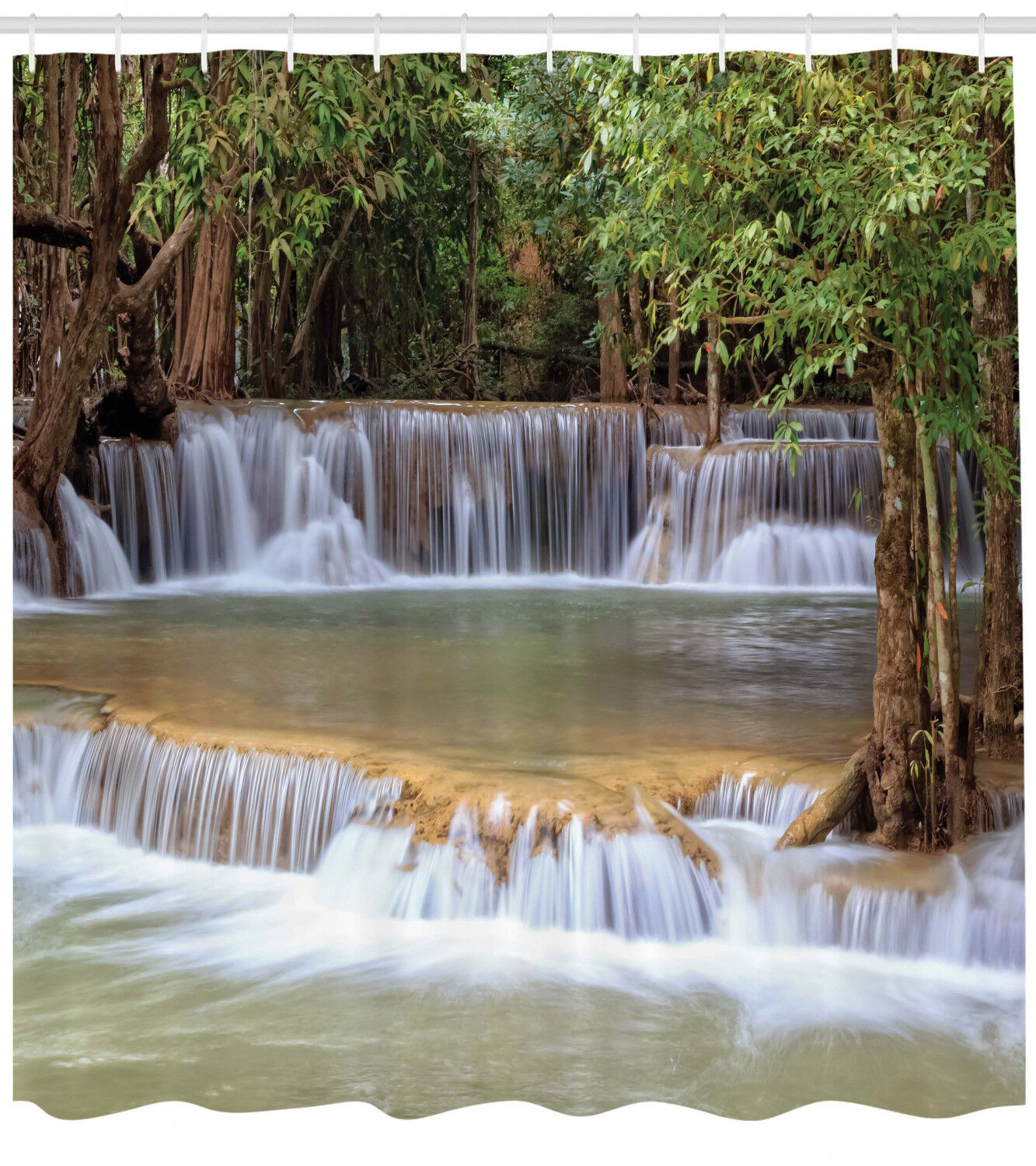 Summer Travel Shower Curtain with Rainforest, Waterfalls, and Kanchanaburi Thailand design for a Jump Start to Adventure