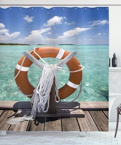 Summer Tropical Beach Lifebuoy Shower Curtain with Clear Blue Sky Print