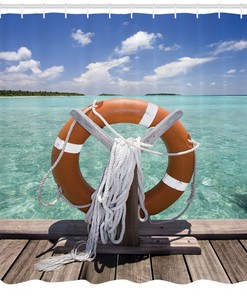 Summer Tropical Beach Lifebuoy Shower Curtain with Clear Blue Sky Print
