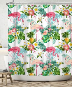 Summer Tropical Flower And Palm Green Leaves Print Shower Curtain For Bathroom Decor