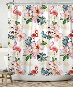 Summer Tropical Flower And Palm Green Leaves Print Shower Curtain For Bathroom Decor
