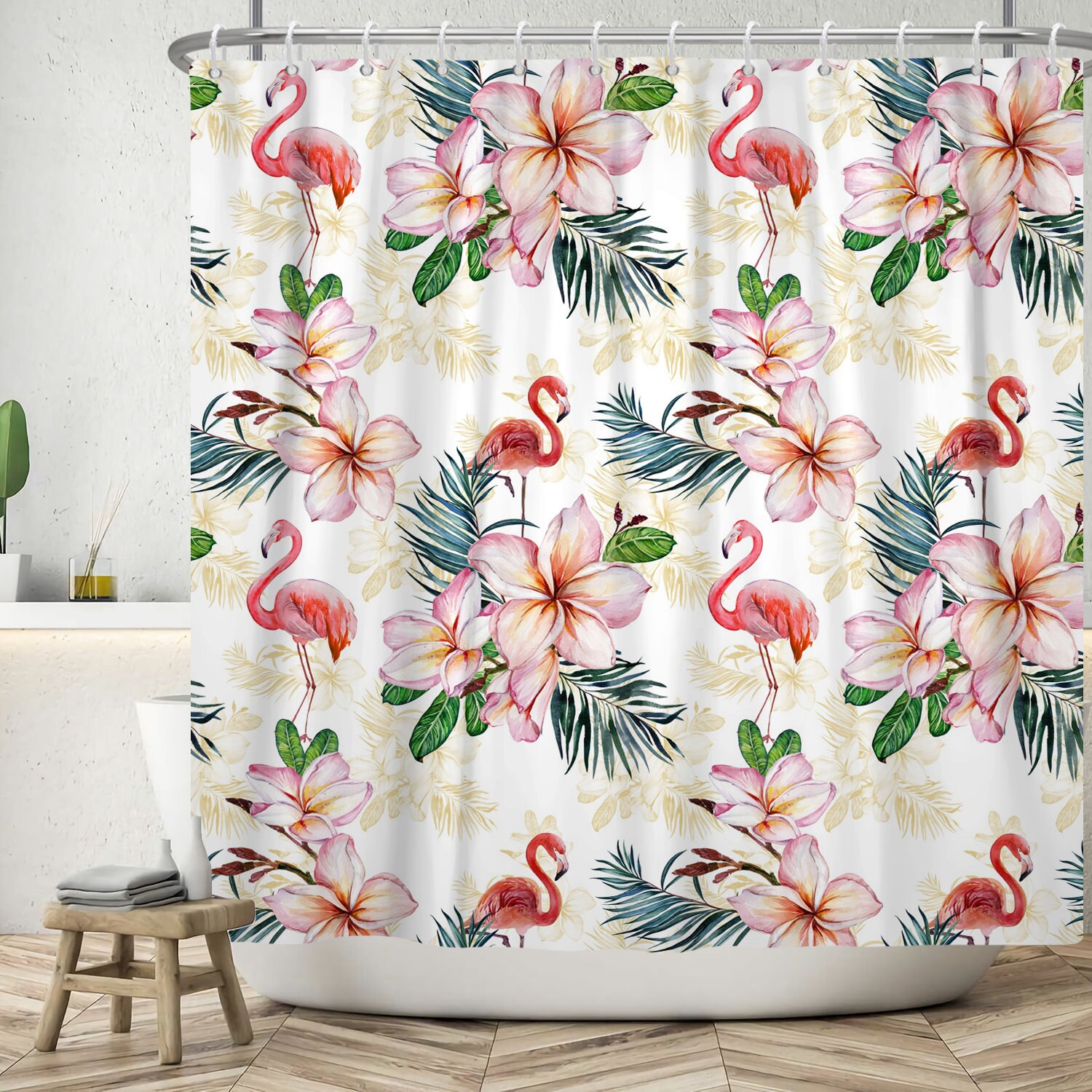 Summer Tropical Flower And Palm Green Leaves Print Shower Curtain For Bathroom Decor
