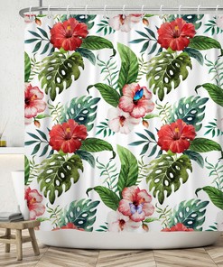 Summer Tropical Flower And Palm Green Leaves Print Shower Curtain For Bathroom Decor