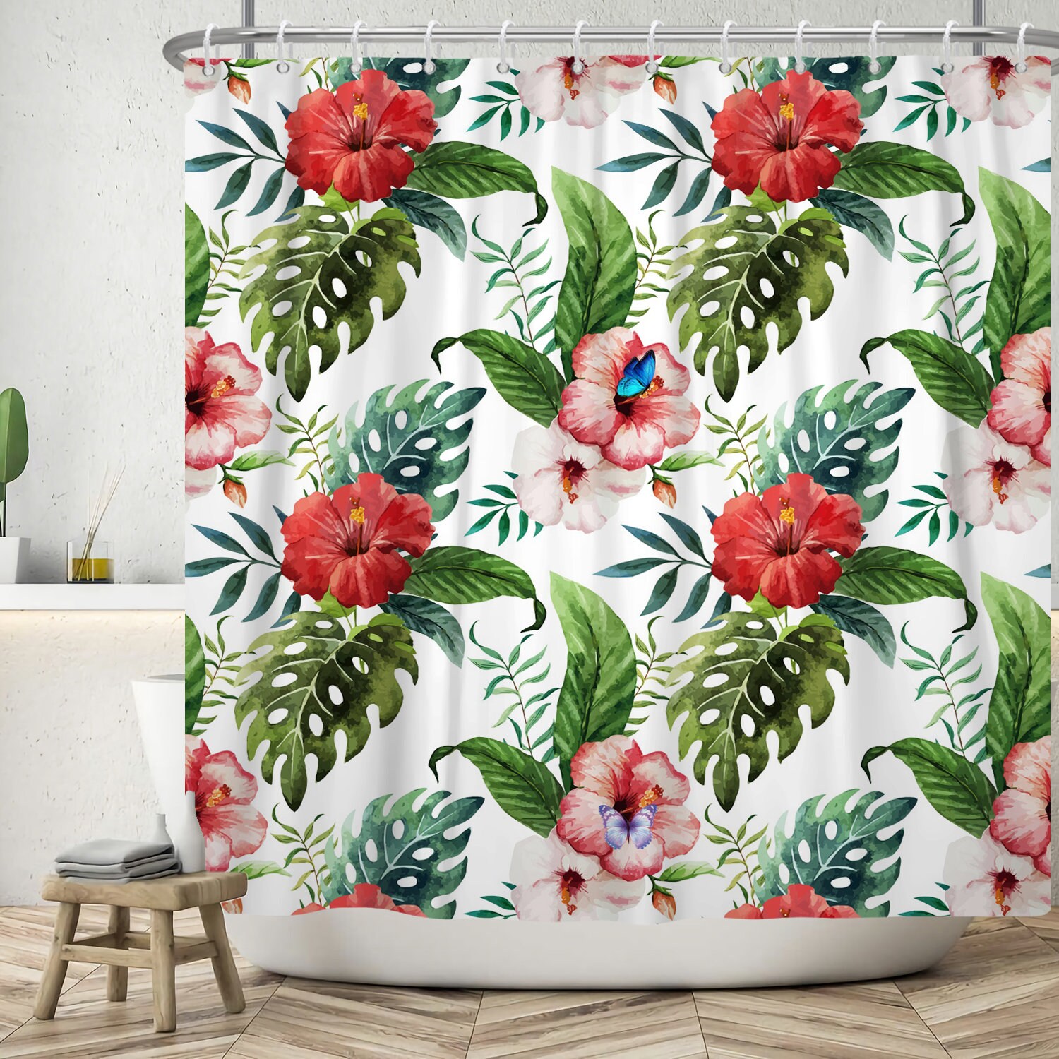 Summer Tropical Flower And Palm Green Leaves Print Shower Curtain For Bathroom Decor