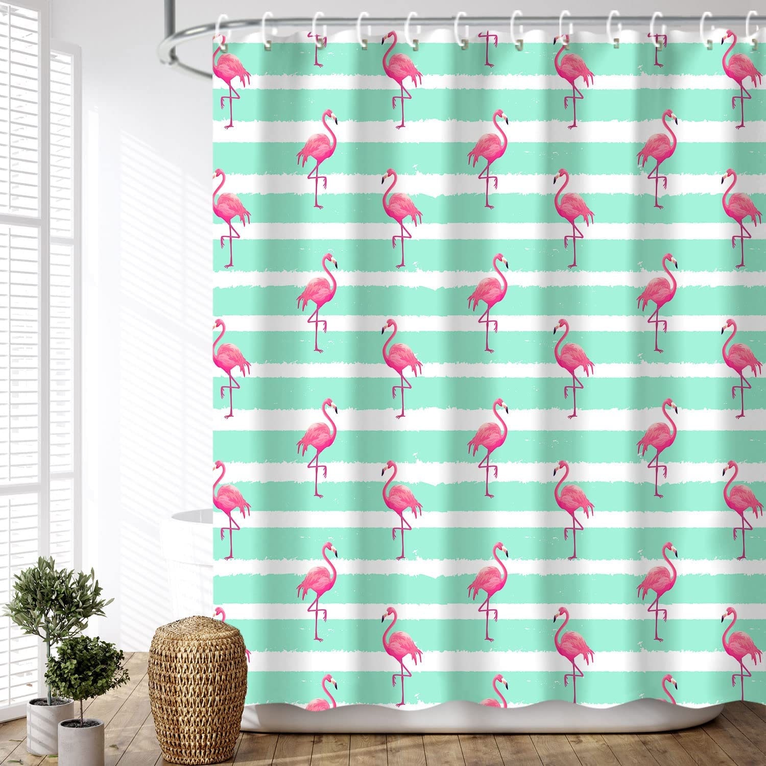 Summer Tropical Flower And Palm Green Leaves Print Shower Curtain For Bathroom Decor