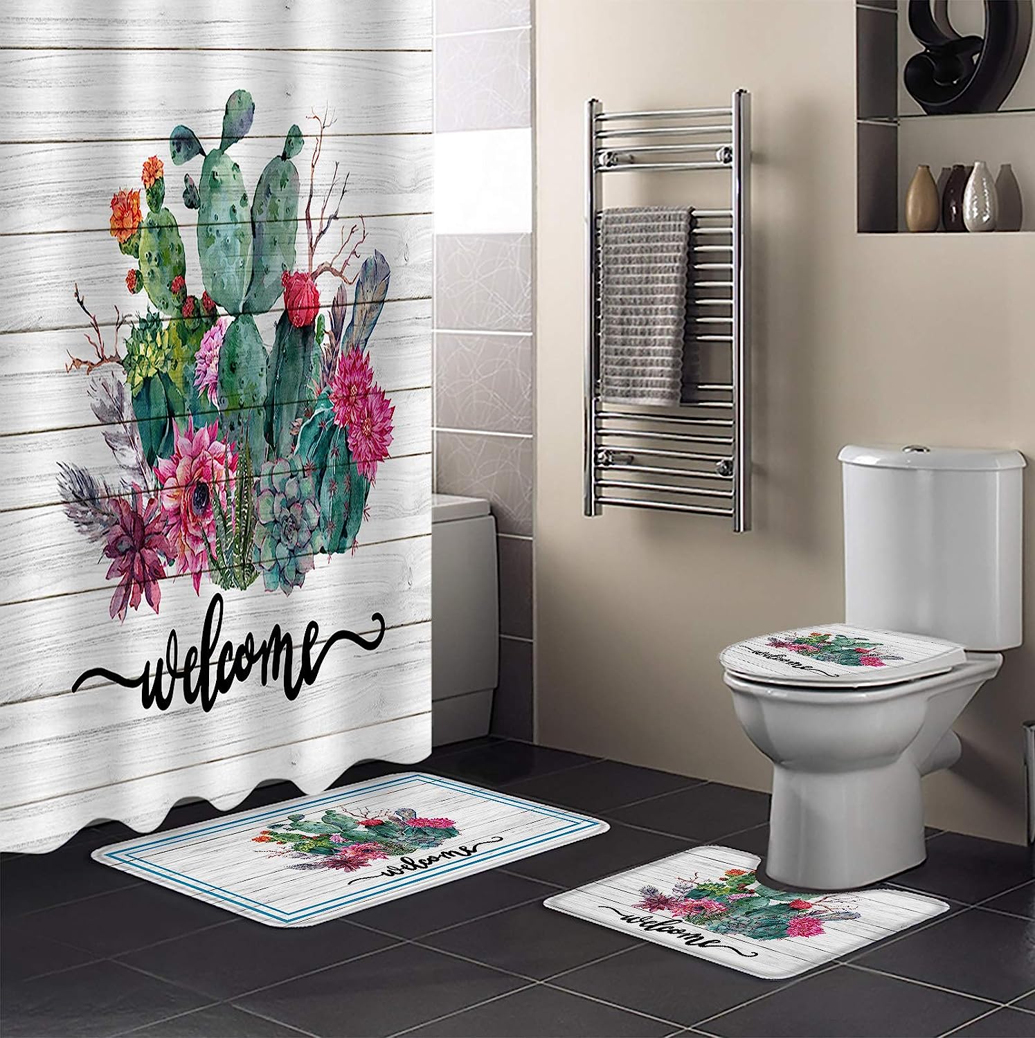 Summer Tropical Plant Truck with Cactus Shower Curtain for Unique Bathroom Decor