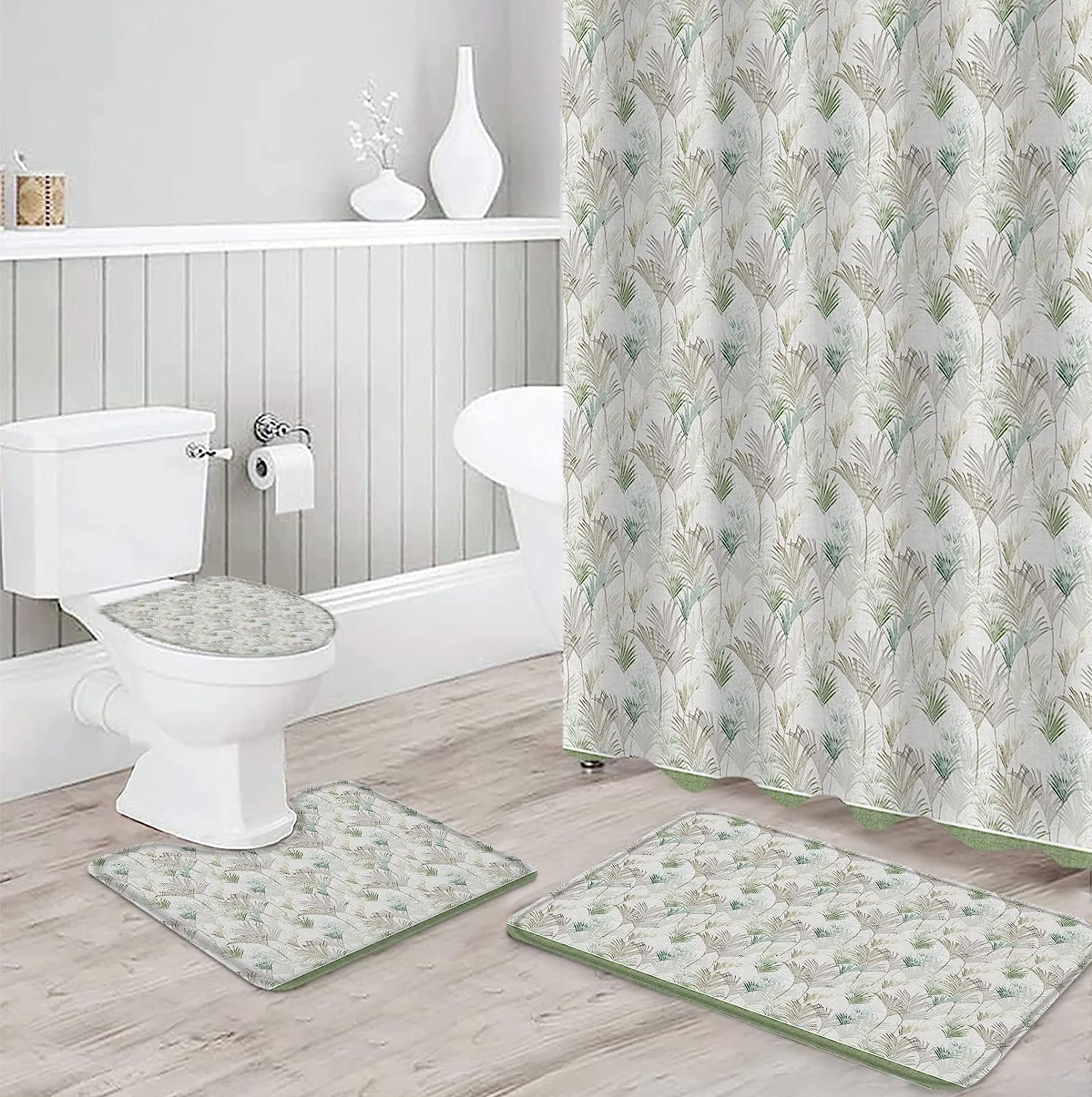 Summer Tropical Plants Shower Curtain - Green and Beige Bathroom Accessory