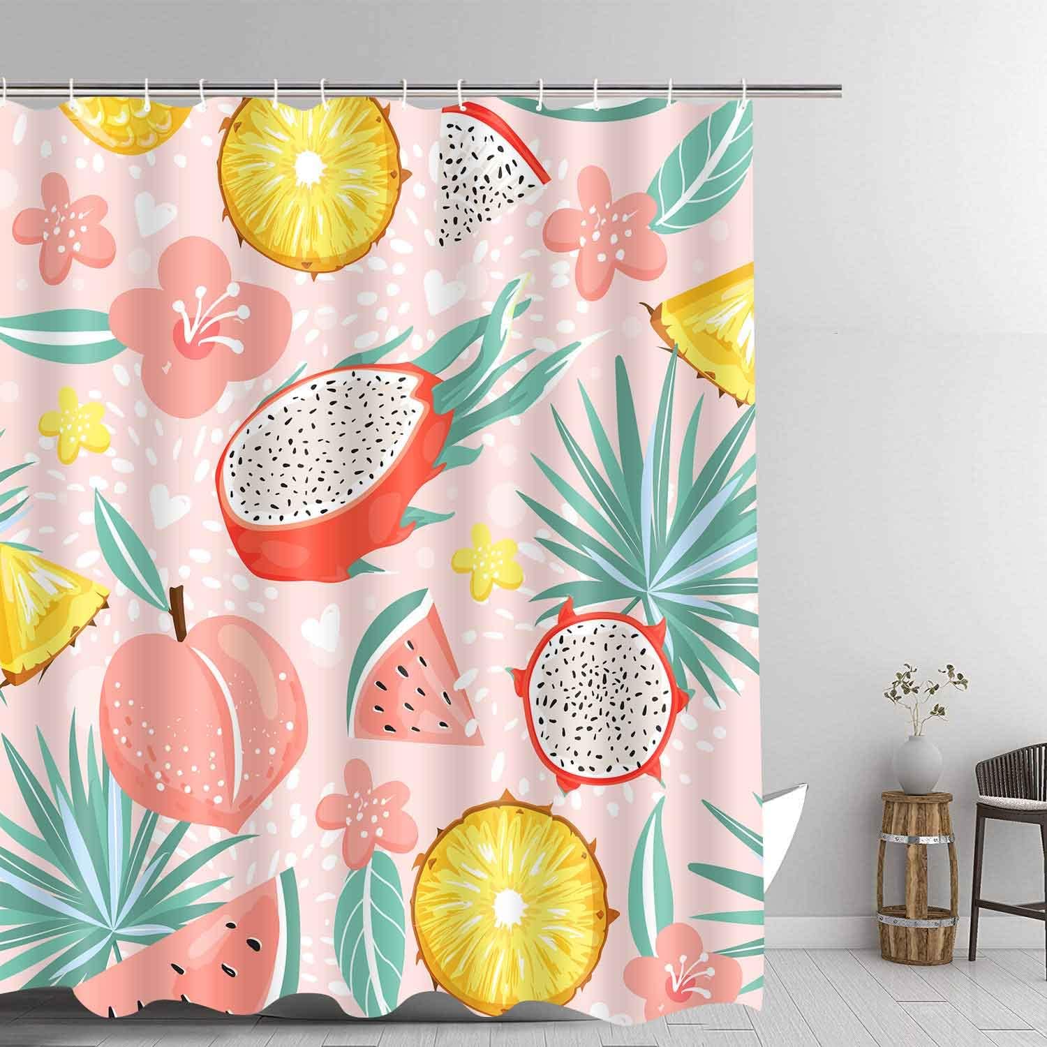 Summer Watermelon Peach Pineapple Tropical Fruits Shower Curtain For Fun And Colorful Bathroom Decor