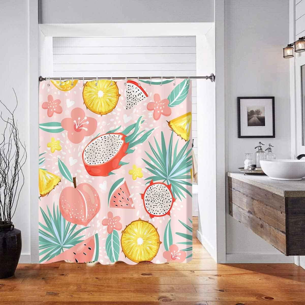 Summer Watermelon Peach Pineapple Tropical Fruits Shower Curtain For Fun And Colorful Bathroom Decor