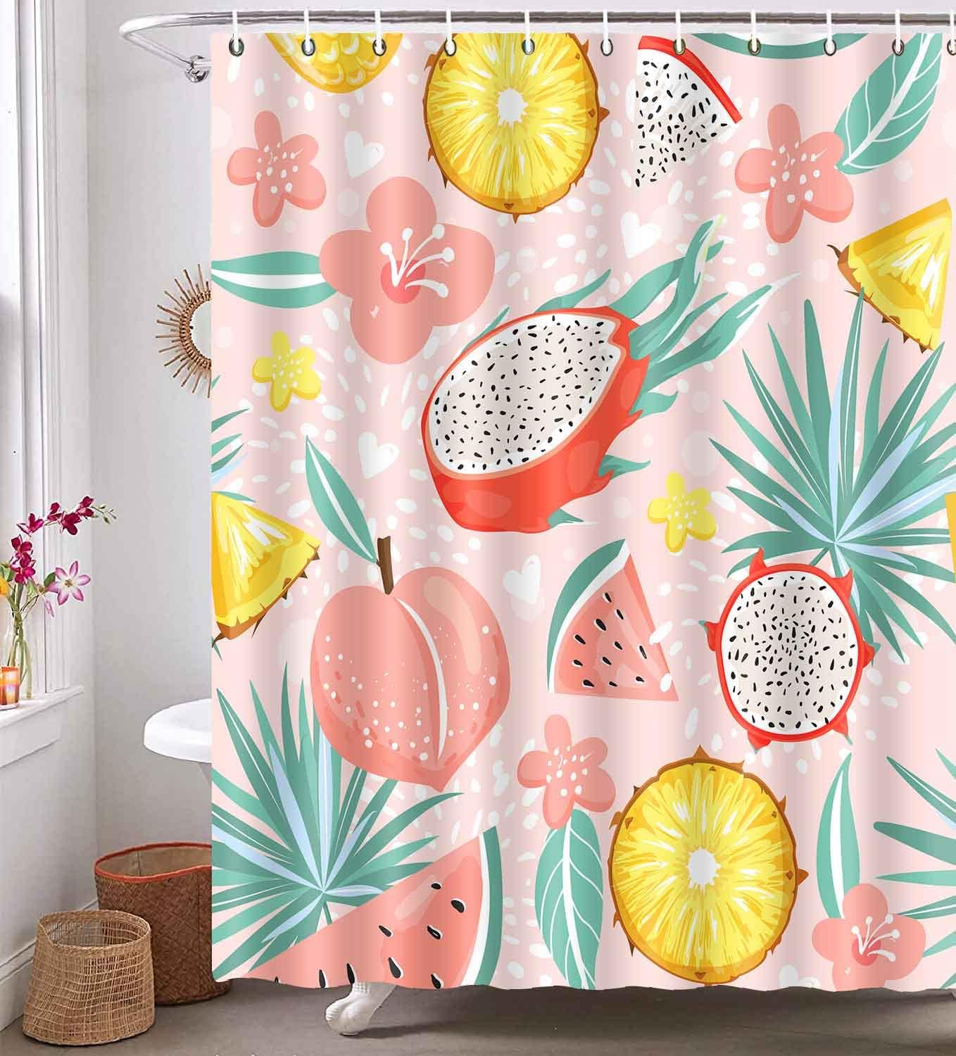 Summer Watermelon Peach Pineapple Tropical Fruits Shower Curtain For Fun And Colorful Bathroom Decor