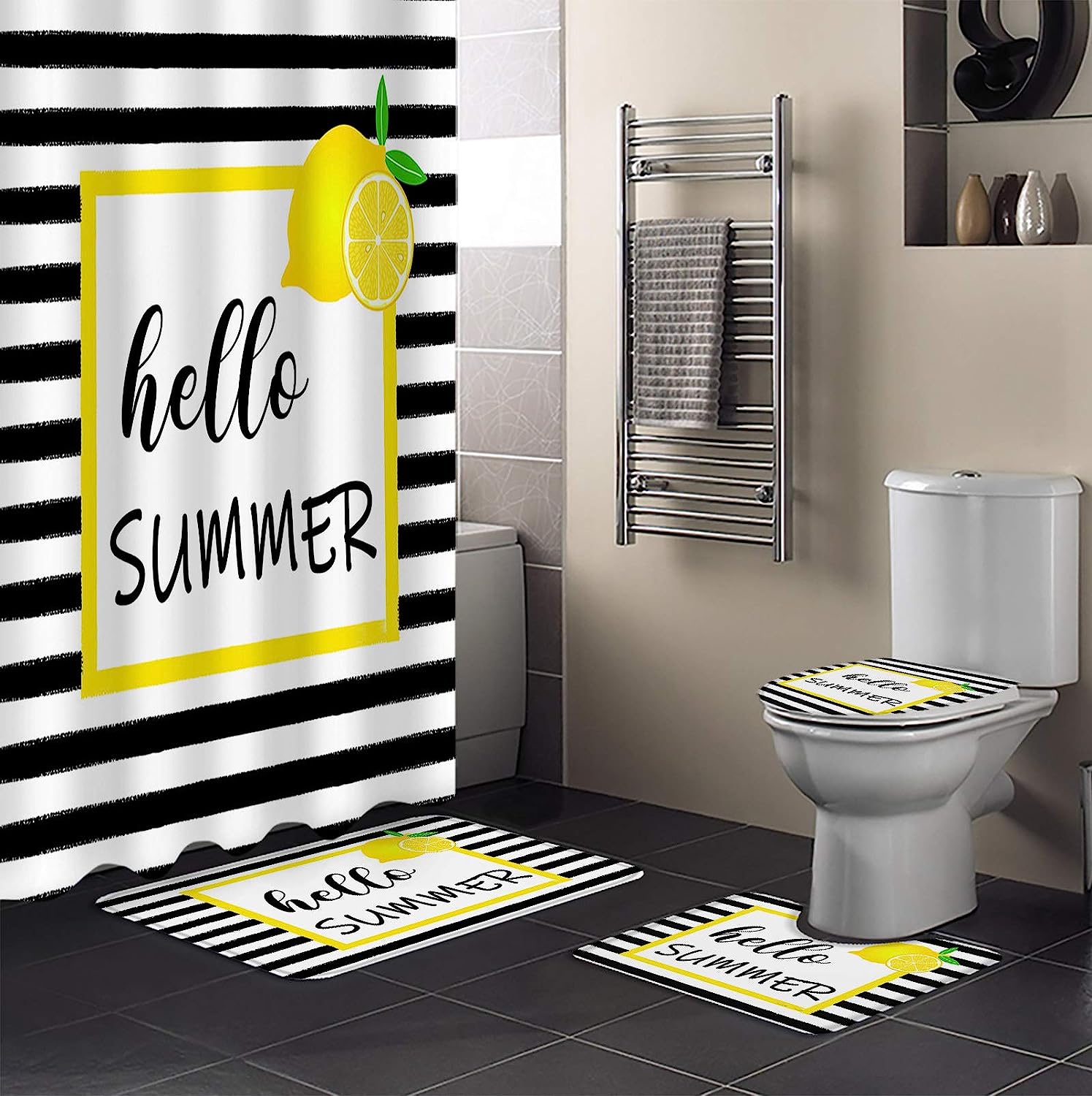 Summer Yellow Lemon Black White Stripe Beautiful Shower Curtains