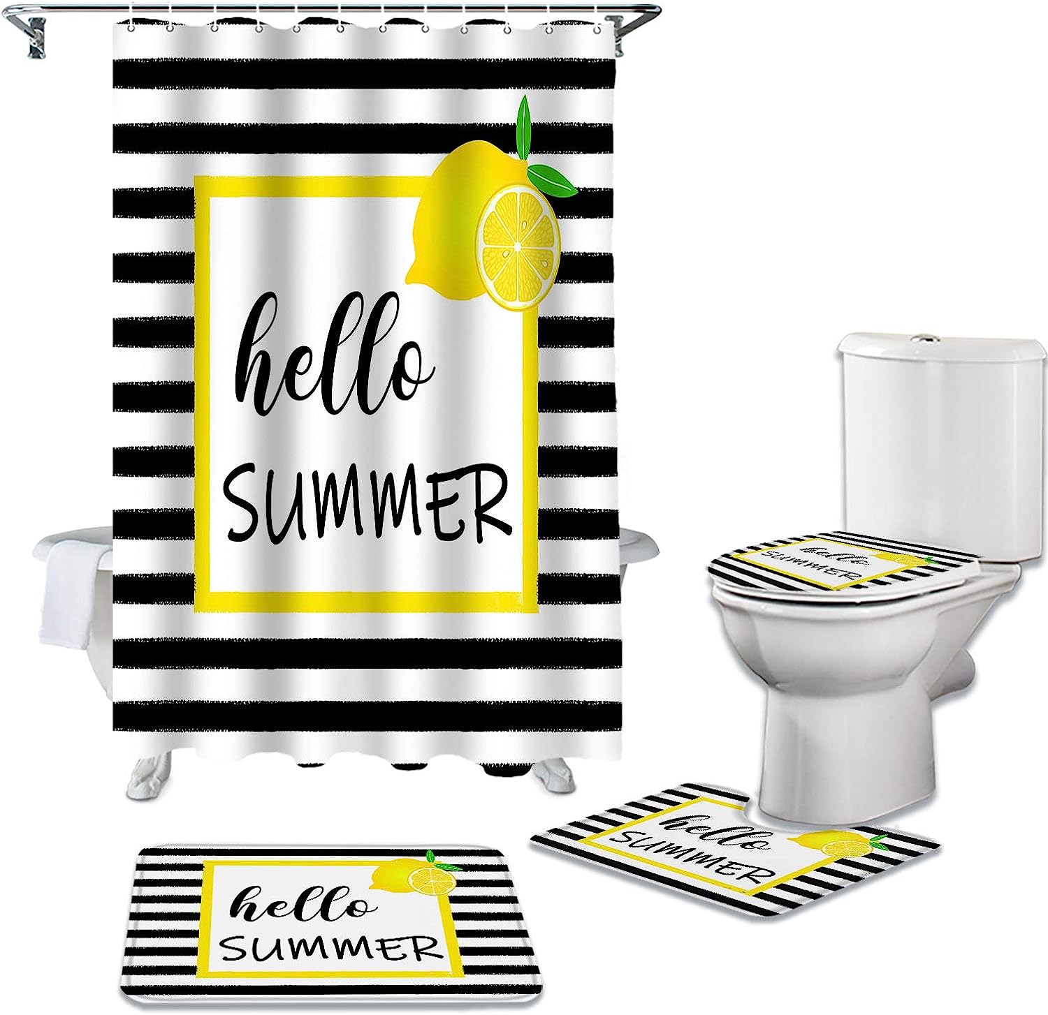 Summer Yellow Lemon Black White Stripe Beautiful Shower Curtains