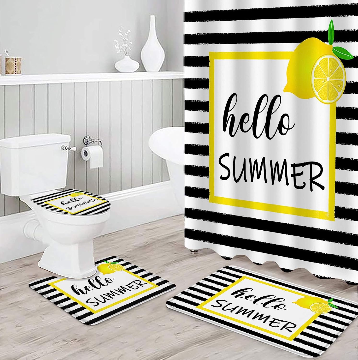 Summer Yellow Lemon Black White Stripe Beautiful Shower Curtains