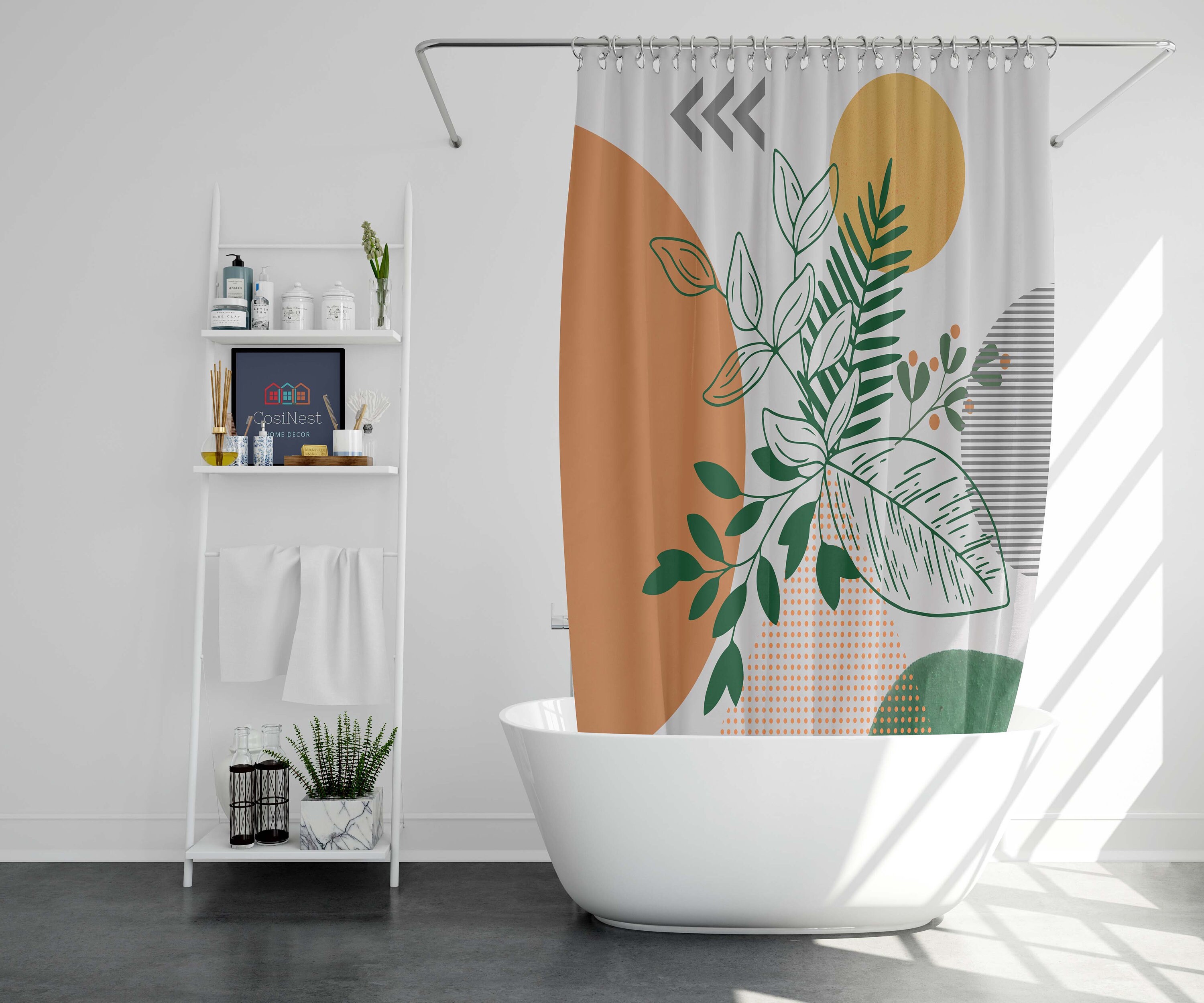 Sun And Abstract Retro Green Leaves Shower Curtain With Bohemian Prints For Your Bathroom