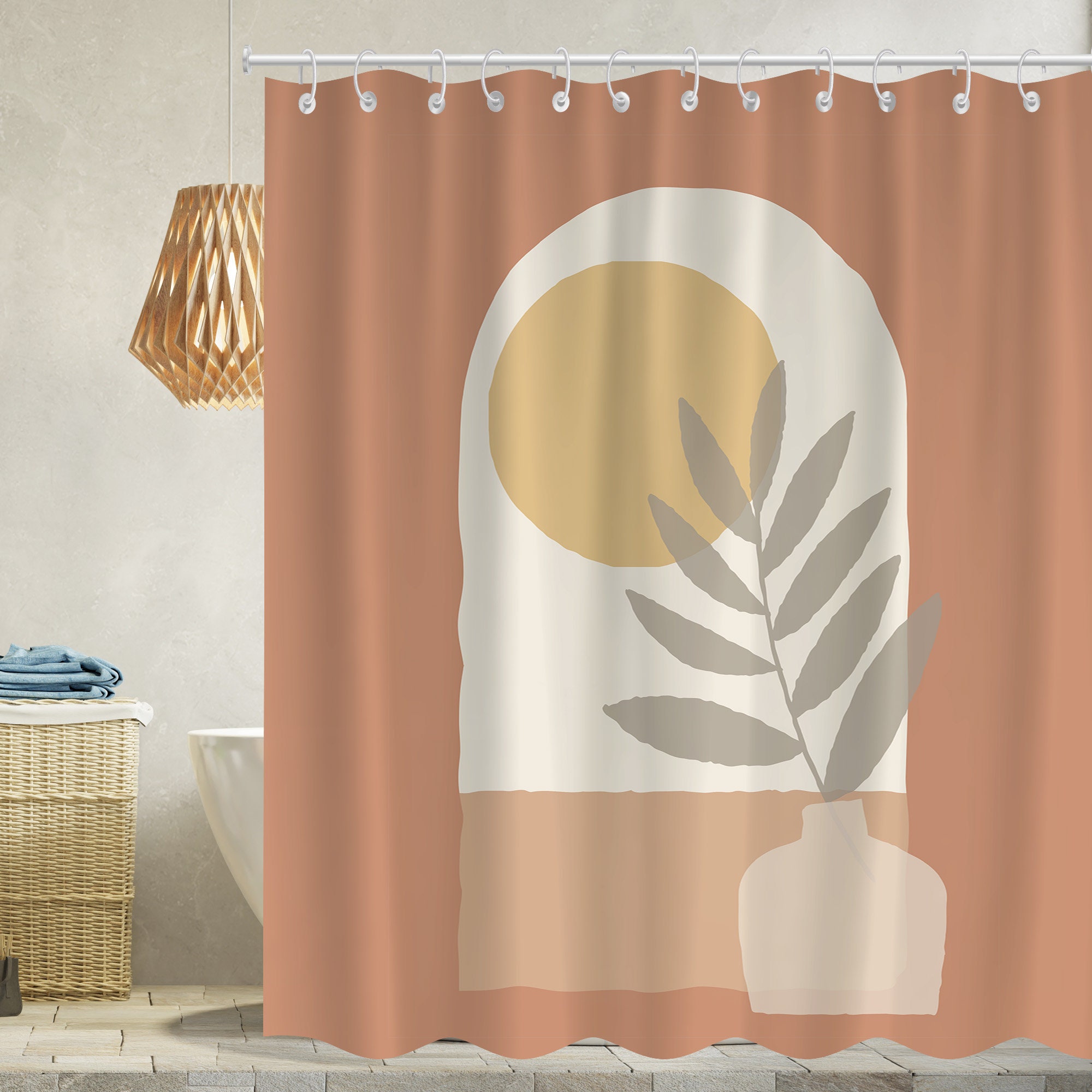 Sun And Geometric Mid Century Boho Shower Curtain With Minimalist Modern Print And Waterproof Fabric