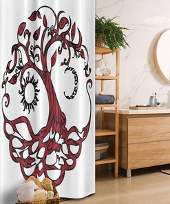 Sun And Half-Moon Hanging Theme Nature Stall Shower Curtain, Fabric Bathroom Decor - Maroon Black White